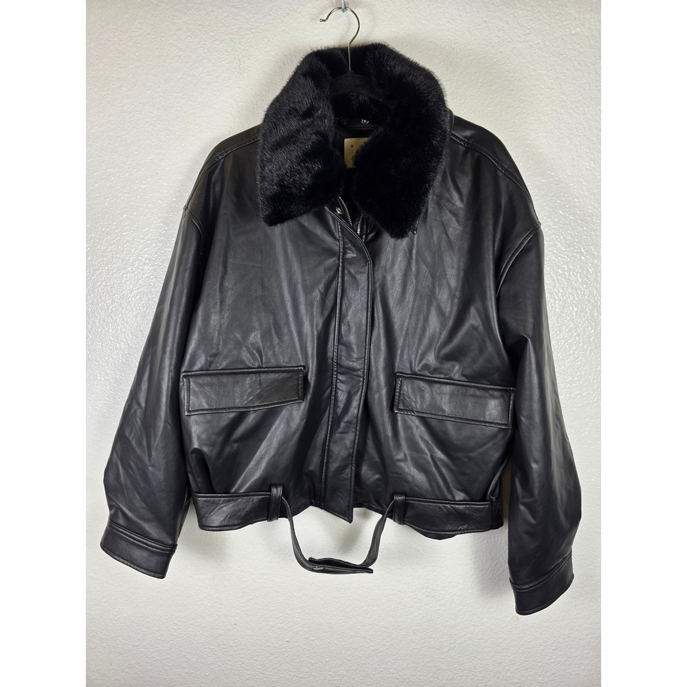 A New Day Womens Faux Leather‎ Bomber Jacket Black Faux Fur Collar Belted Large